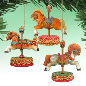 2023 Dated Carousel Wooden Ornaments - Set of 3 by G DeBrekht - Christmas Decor - 8100087S3-D23