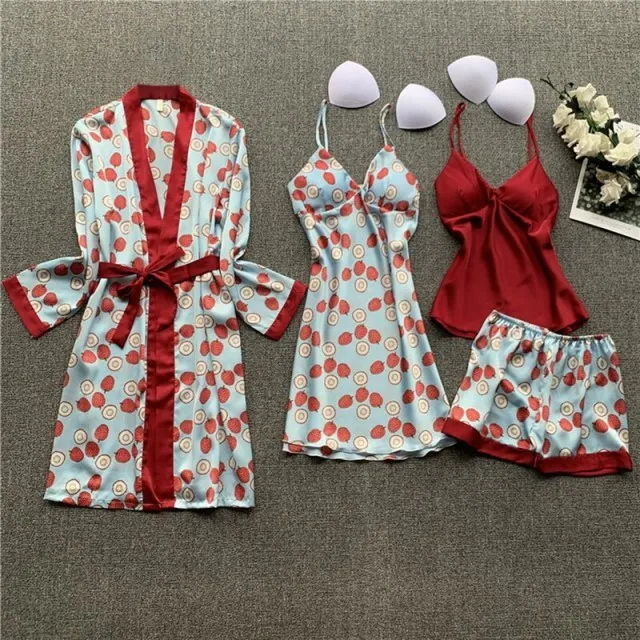 4 Pieces Women Pajamas Sets Satin Sleepwear Silk Nightwear Pyjama Soild Strap Lace Sleep Lounge Pijama With Chest Pads