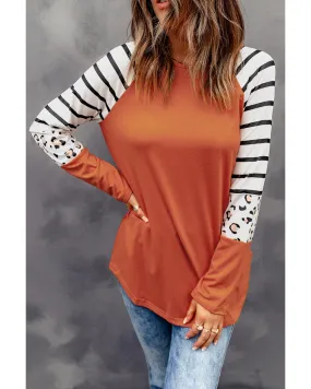 Azura Exchange Animal Print Long Sleeve Top with Striped Colorblock - M