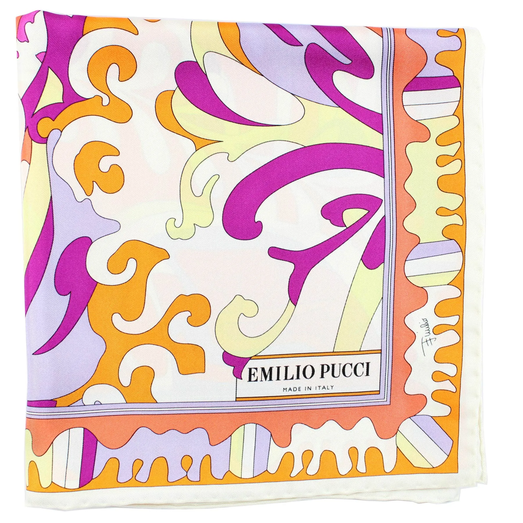 Emilio Pucci Scarf Orange Purple Yellow Design - Large 36 Inch Square Twill Silk Foulard