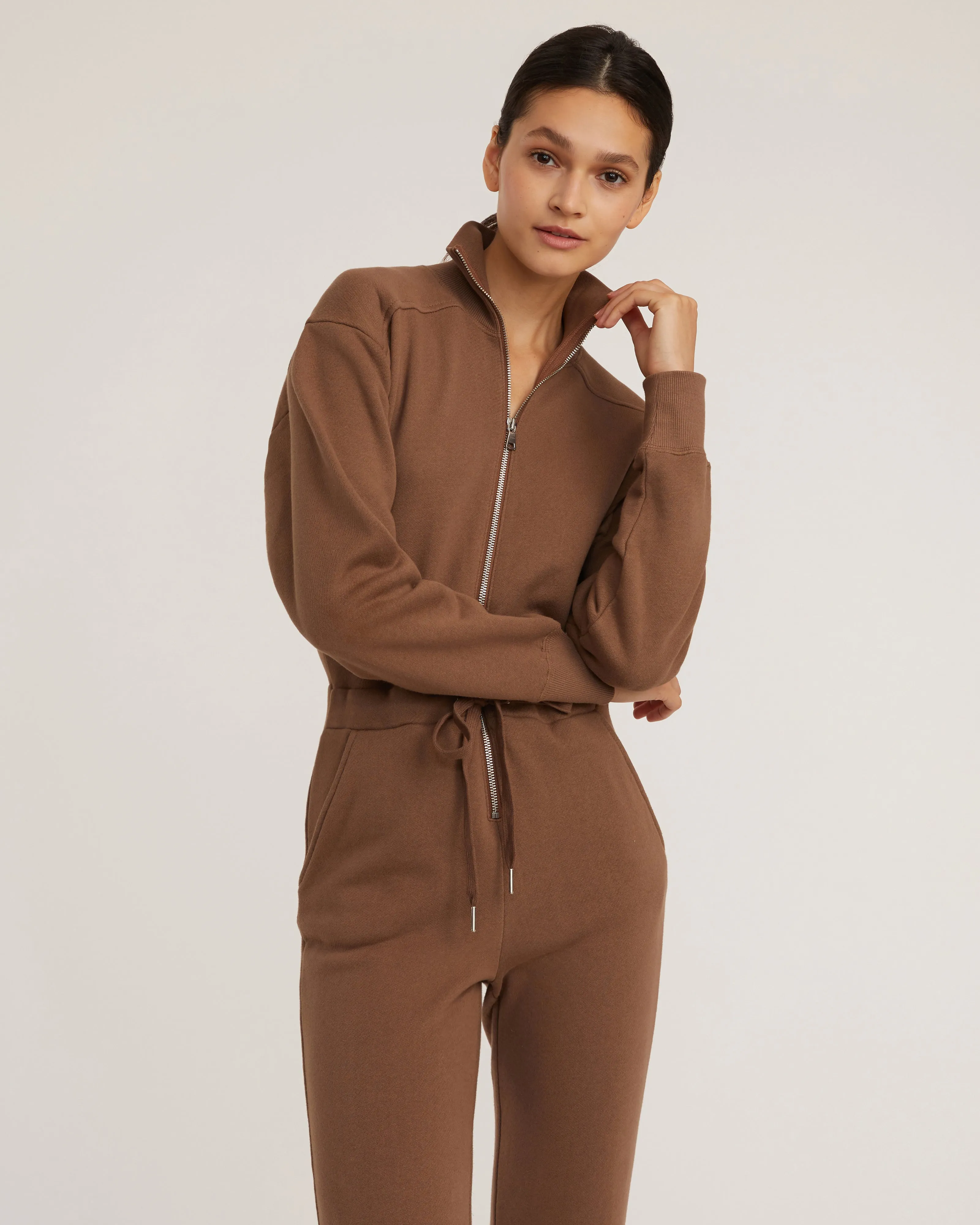 Red-Eye Zip Front French Terry Jumpsuit in Cognac