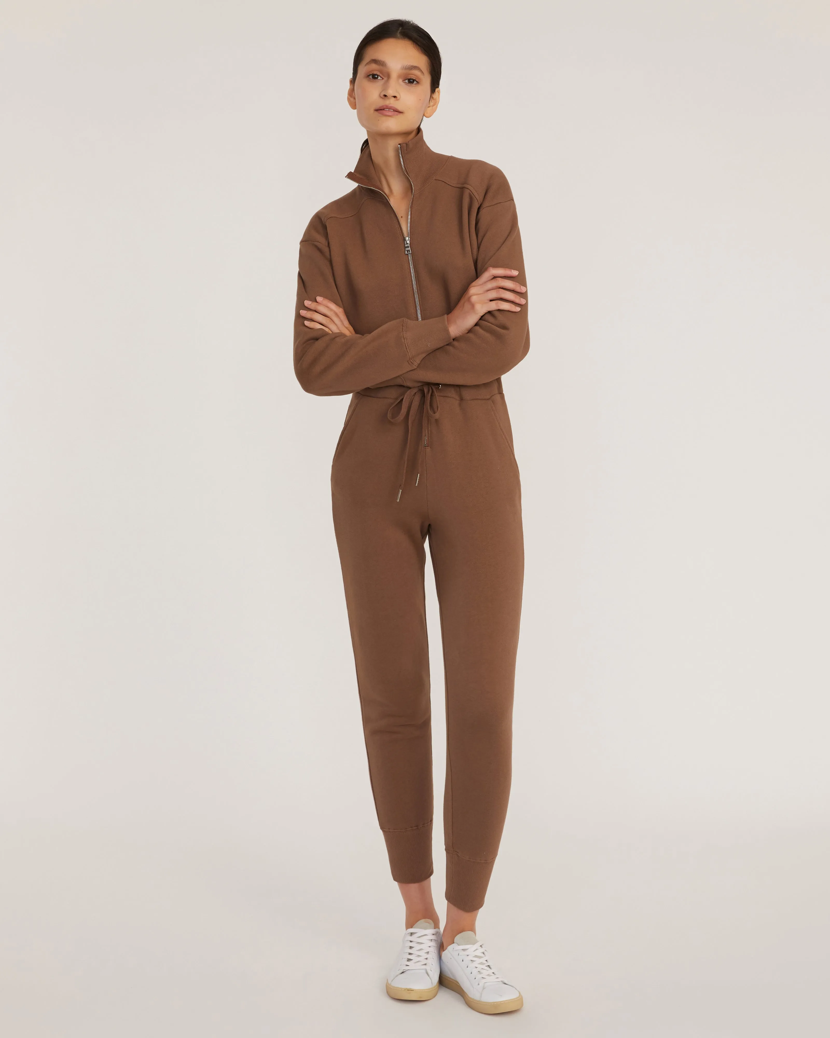 Red-Eye Zip Front French Terry Jumpsuit in Cognac